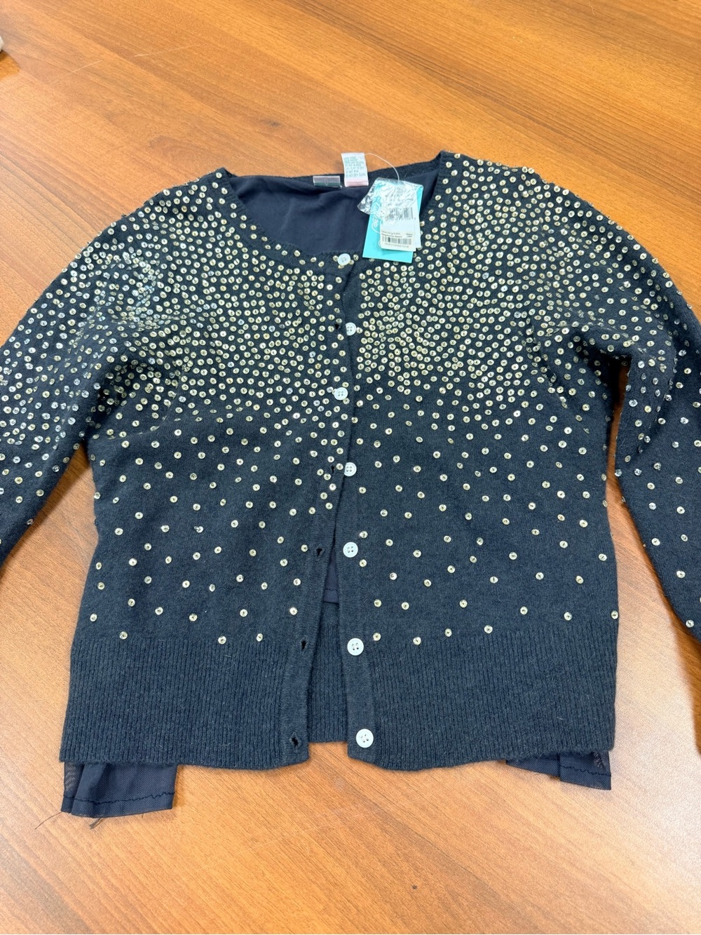 Aqua Black Studded Crewneck Cardigan with Gold Accents wool & angora